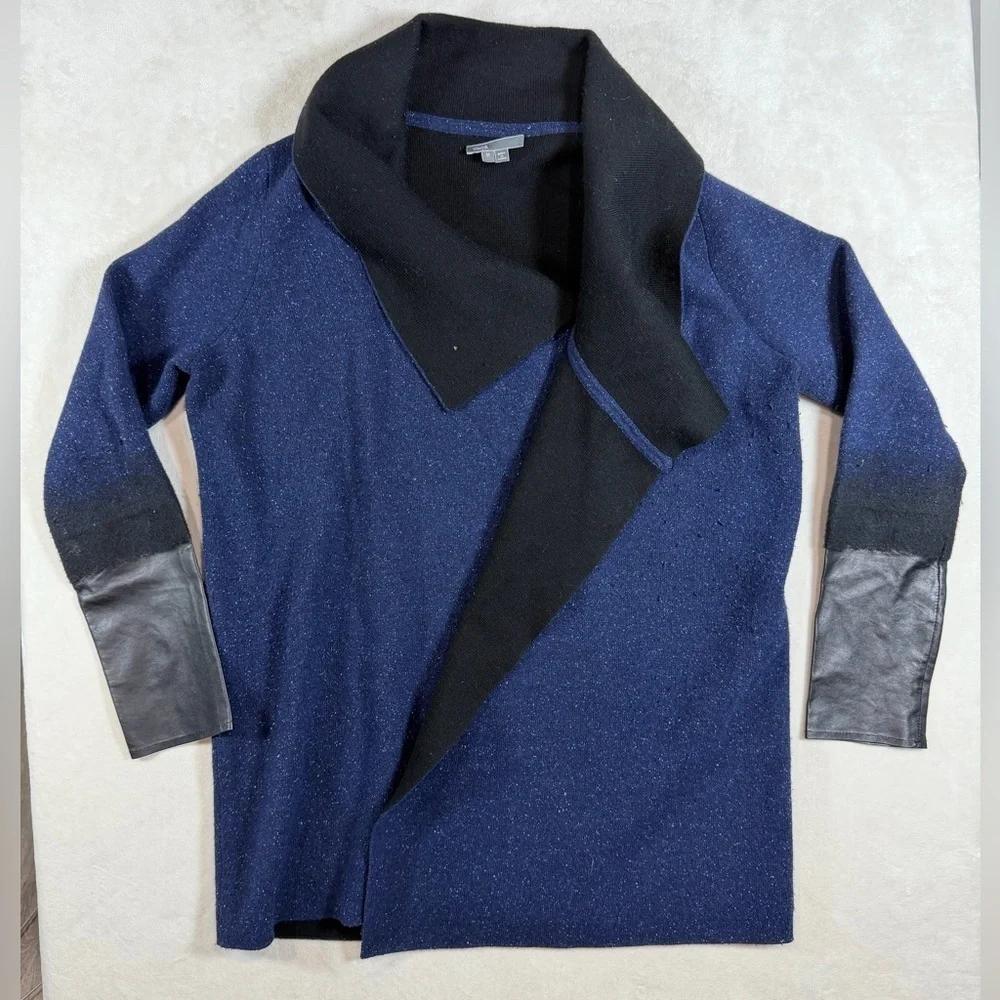 Vince Size Medium Wool Cashmere Blend Navy and Black Open Cardigan With Leather